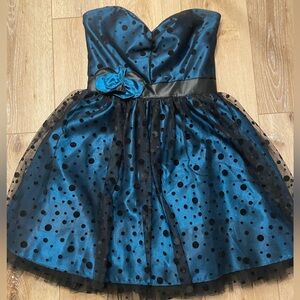 Blue and Black Polka Dot Strapless Dress
